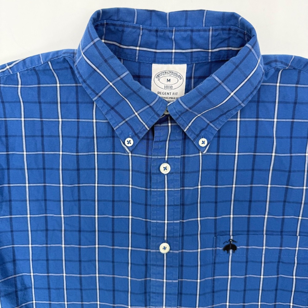 Brooks Brothers Button Down Shirt Mens M Blue Regent Fit Grid Check Short Sleeve